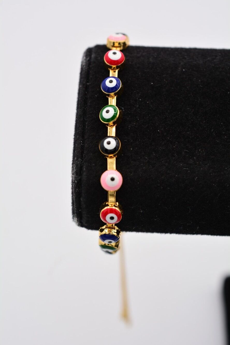 Evil Eye Lariat Bracelet Round Multi-Color Enamel Gold Tone Chain Shiny BinAW